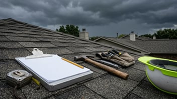Contractor inspection tools, clipboard, and hard hat on a roof under storm clouds.