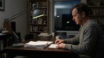 Homeowner reviewing a settlement check alone at night beside a stack of claim documents.
