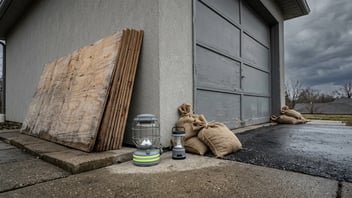 Homeowner securing plywood over windows before a hurricane — preparation checklist.