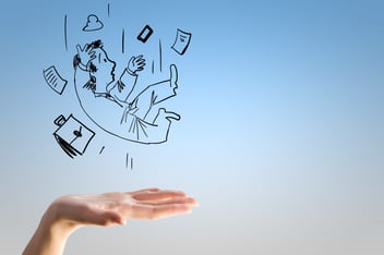 A cartoon of a man falling surrounded by flies, paper, and office supplies.