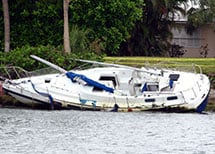 A boat destroyed in a recent hurricane in Florida