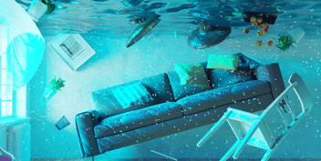 A living room completely submerged in water