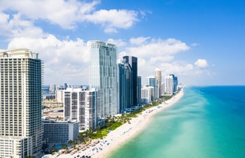 The Miami, Florida shoreline on a sunny day.