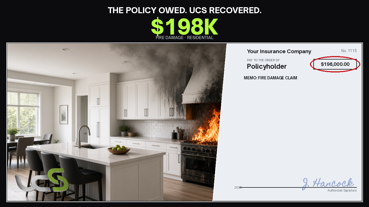 UCS settlement board — $198K fire damage