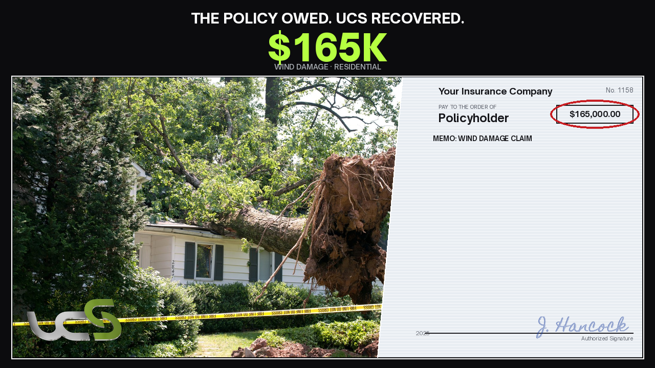 UCS settlement board — $165K wind damage