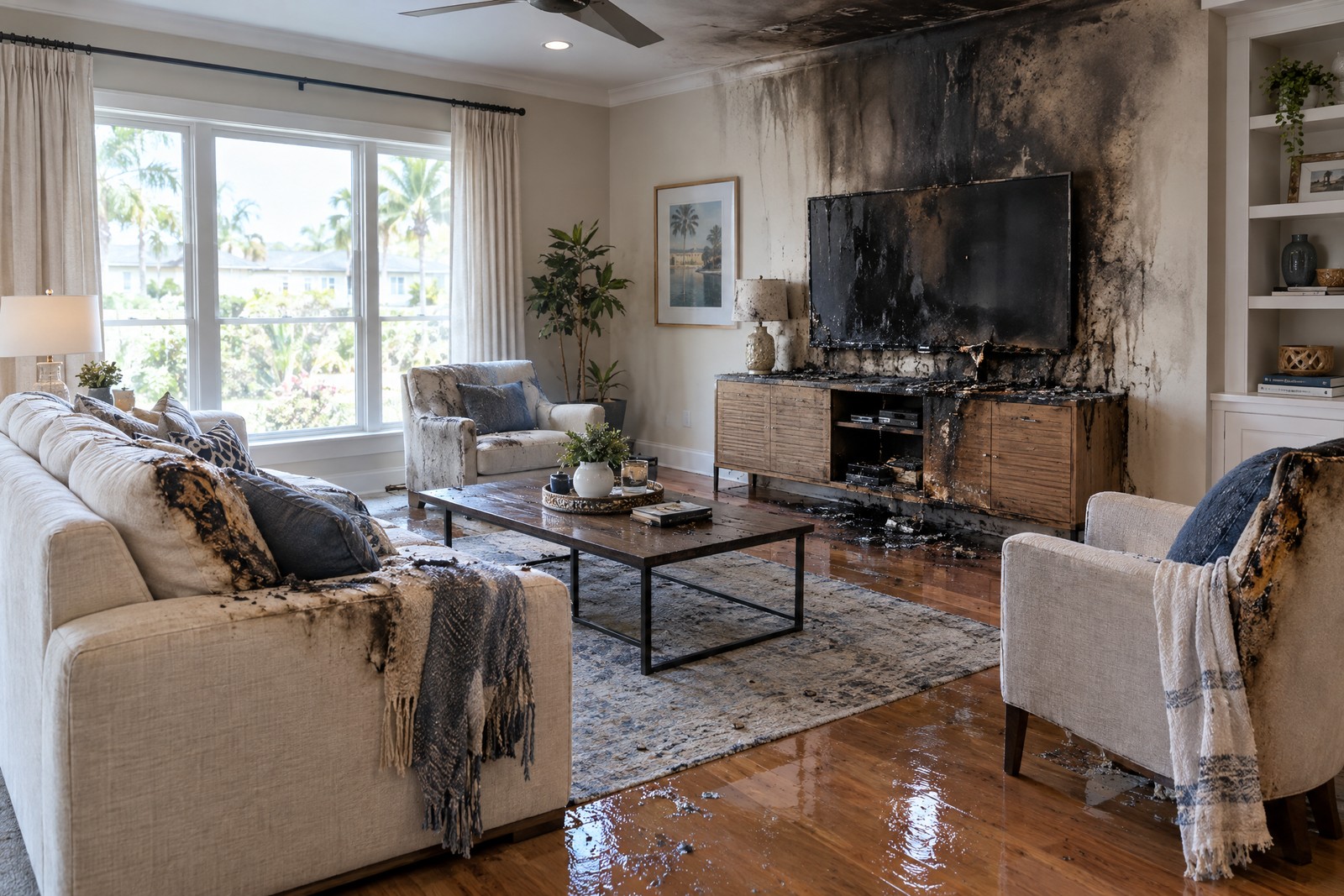 Fire damage in a furnished home