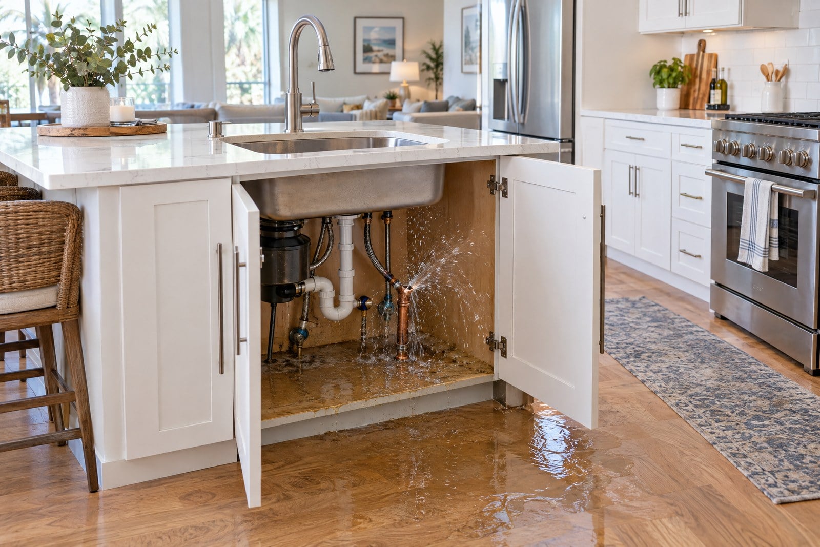 Pipe burst water damage under a kitchen sink
