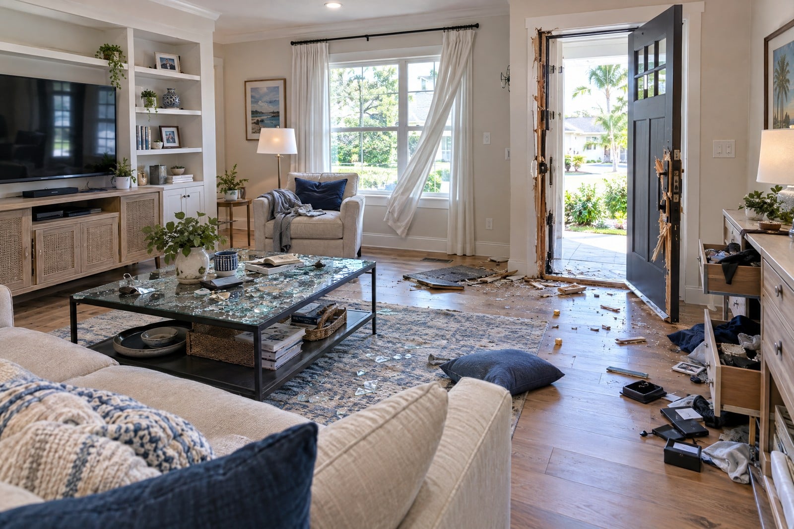 Robbery and vandalism damage in a furnished home