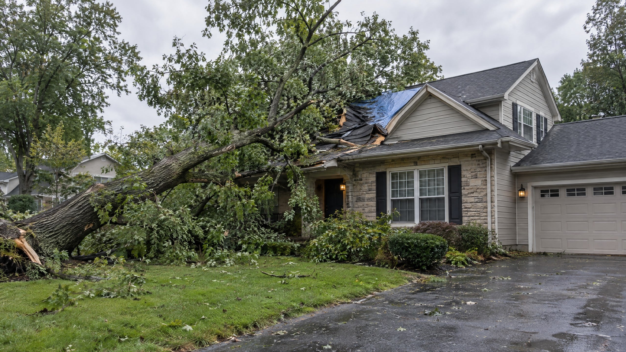 Tree on home residential damage